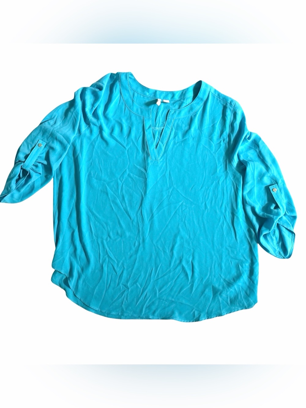 Cato Roll Tab Long Sleeve V Neck Blouse Women's XL Turquoise Pullover Tunic Top